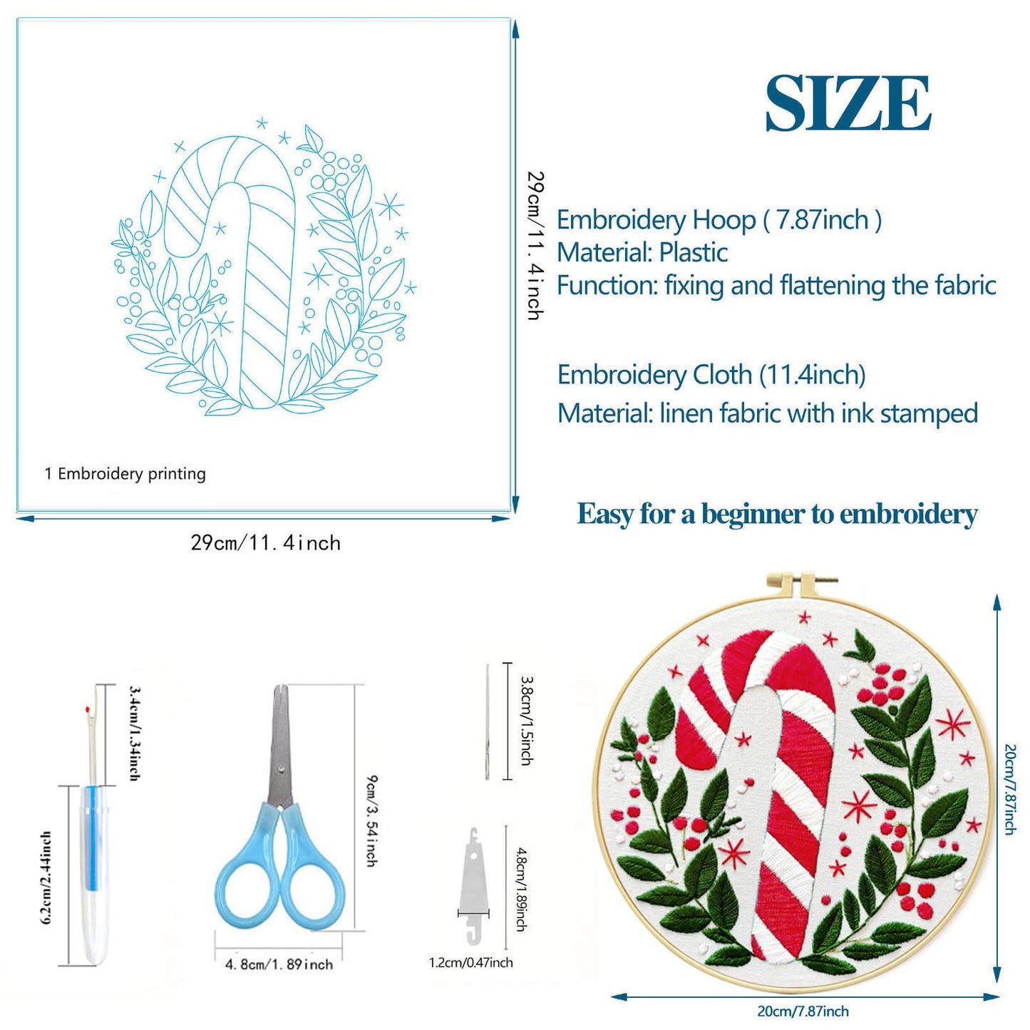 Zhenqing Christmas Embroidery Kit for Beginners - 4 Piece 29x29cm Round Designs with Embroidery Hoop, Threads & Tools (Snowy Cabin, Fireplace, Candy Cane, Holly)(C0066)