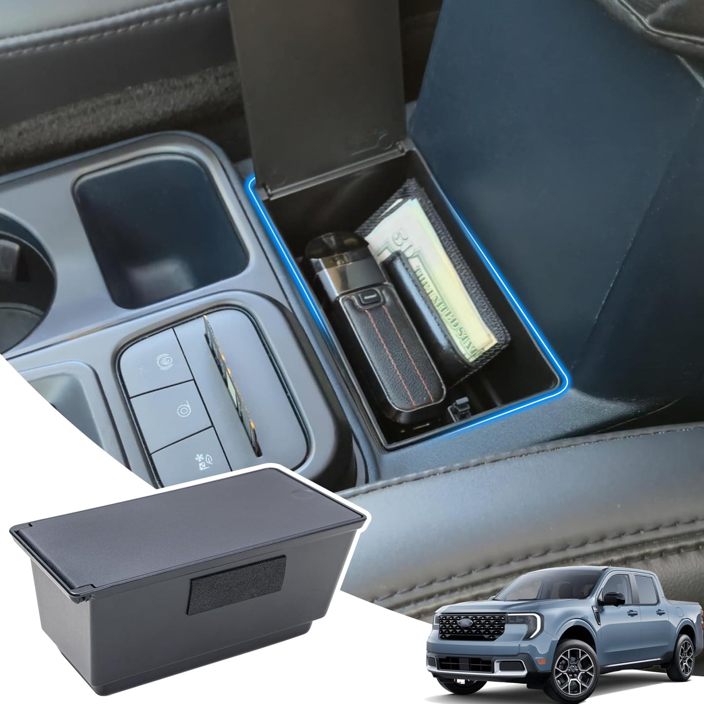 TOPINSTALL Console Hidden Storage Box Compatible with 2022-2026 Ford Maverick Accessories, Flip-Top Design Truck Organizer | One-Touch Open | Anti-Slip Mat | Secret Compartment | Premium ABS Plastic