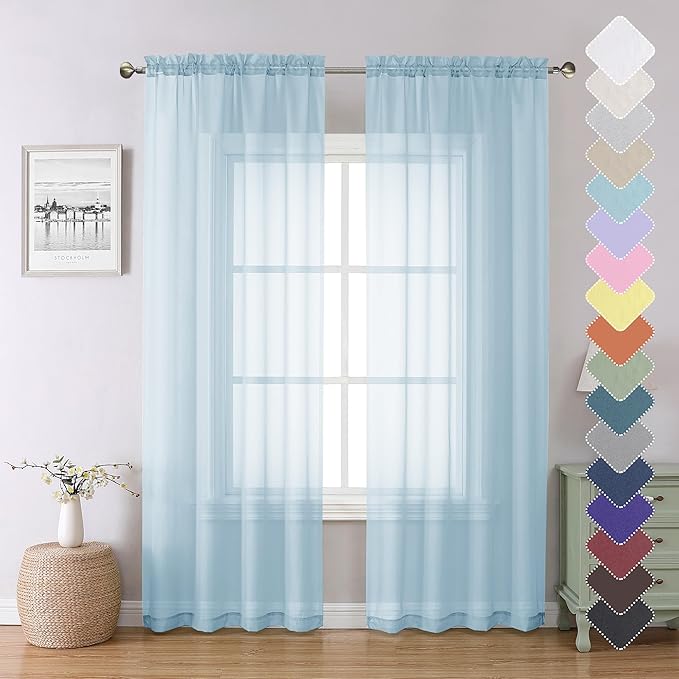 Lecloud Light Blue Sheer Curtains 84 Inches Long 2 Panels, Light Filtering Solid Voile Curtains for Living Room Bedroom, Dual Rod Pocket Gauzy Farmhouse Window Treatments, 40 W x 84 L Inch, Sky Blue