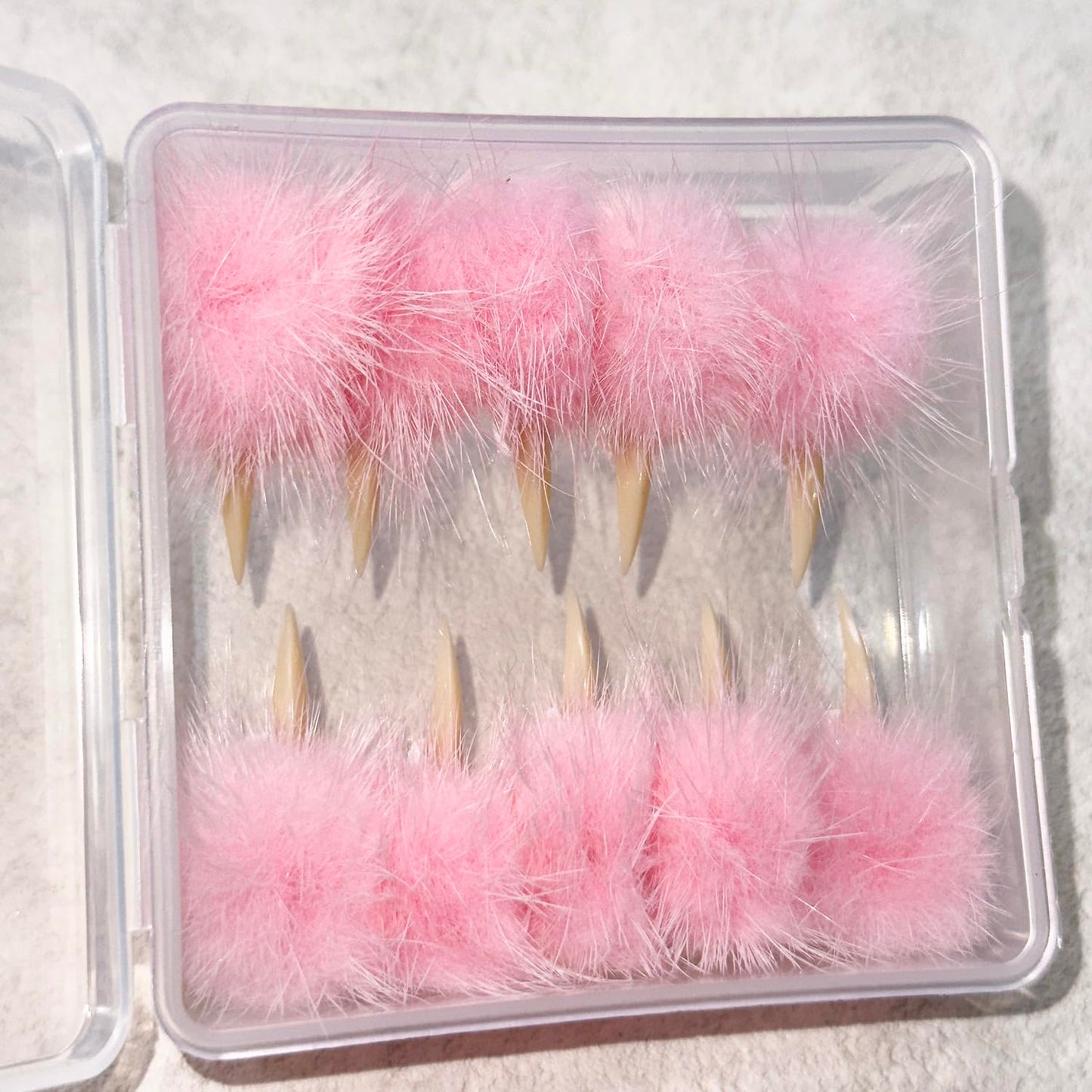 10 Pcs Luxury Press on Nails Medium Curved Stiletto Handmade Cat Claw Reusable Nails Press Ons Unique with Pink Furry Fur Designs Cat Claw Fake Nails Glossy Thick Acrylic Glue on Nail (S)