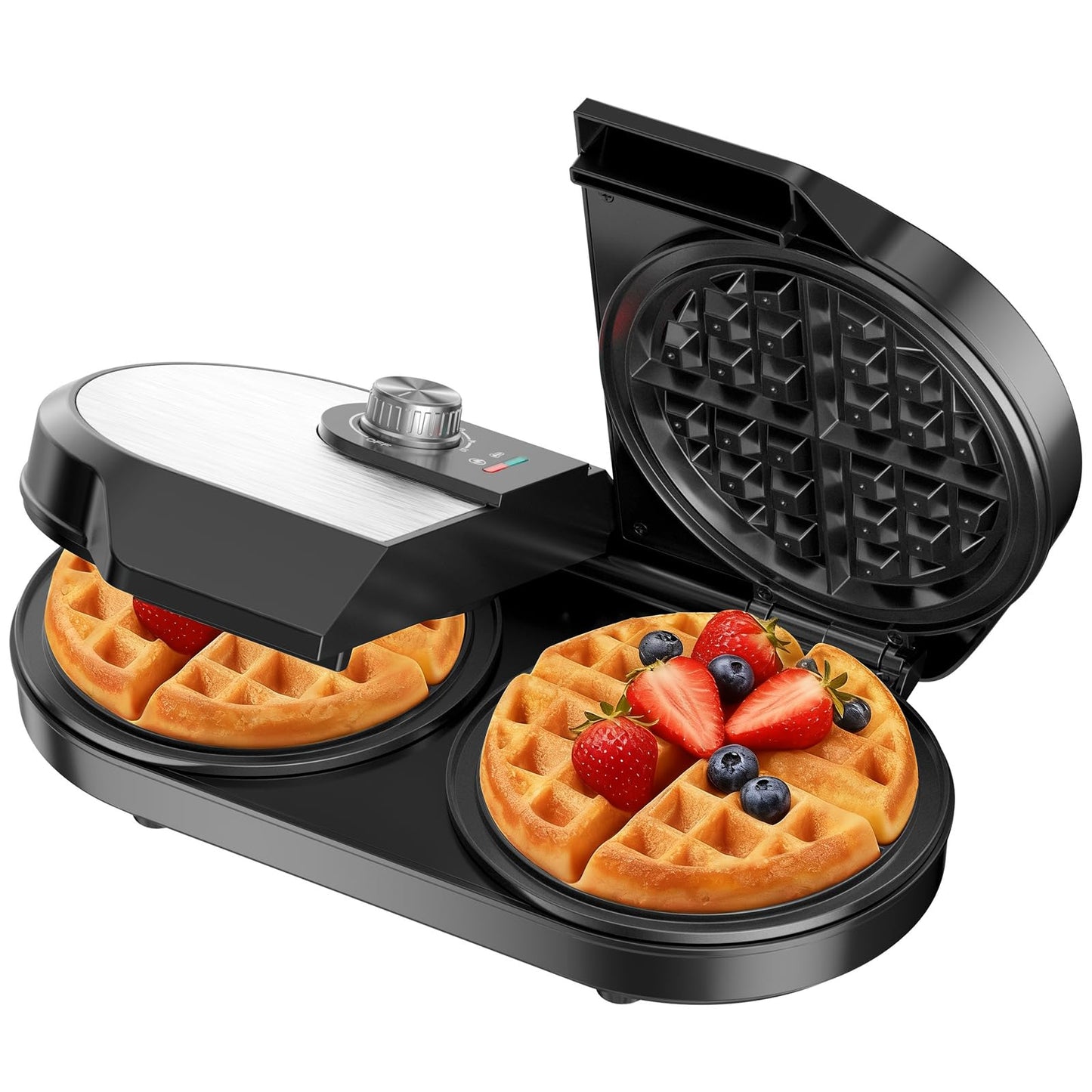 Double Waffle Maker, Belgian Waffle Maker, 6.5 Inch Waffle Iron with 2 Independent Adjustable Temp Knobs & Indicator Lights, Easy-Clean Nonstick Plates, Stainless Steel, Black