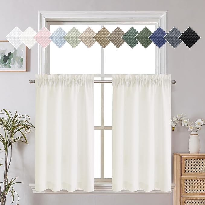 Chyhomenyc Short Curtains 30 Inch Length, Yellowish Faux Linen Textured Small Kitchen Curtain, Light Filtering Half Window Curtains for Bathroom Basement, Each 30x30 Inch, 2PCS, Cream???prev. Ivory???