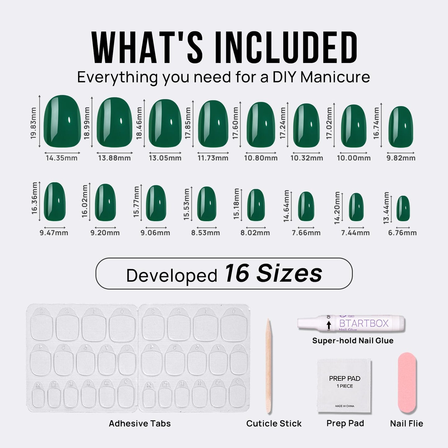 BTArtbox Press On Nails Short - Dark Green Press on Nails, Short Oval Fake Nails with Nail Glue, Natural Reusable Stick on Nails in 16 Sizes Soft Gel Nail Kit, Pine Needle