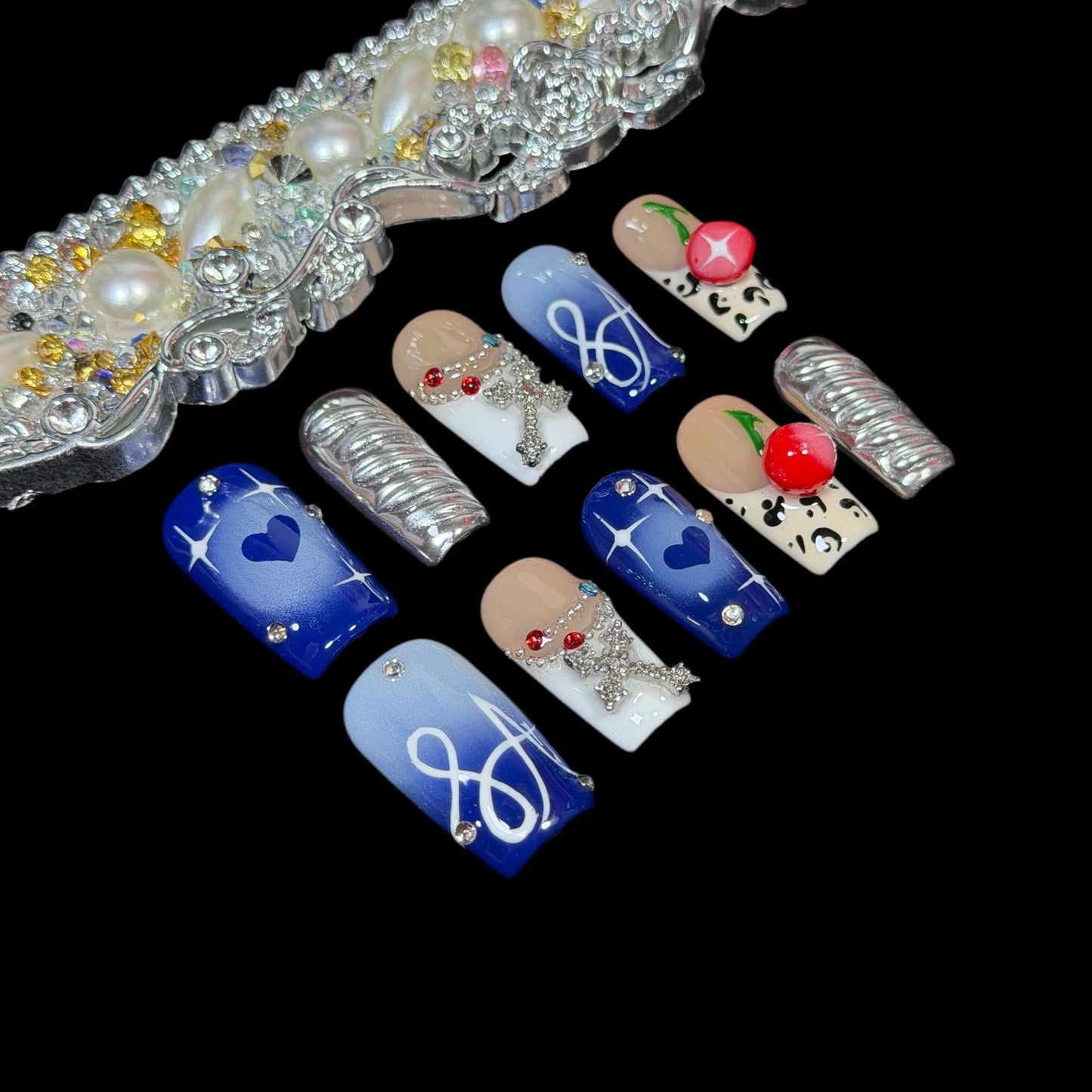 Handmade Press On Nails, Short Square Blue Nude with 3D Cherry, Rhinestone Chrome Acrylic, Reusable Stick On Nails Rebel Symphony (S)