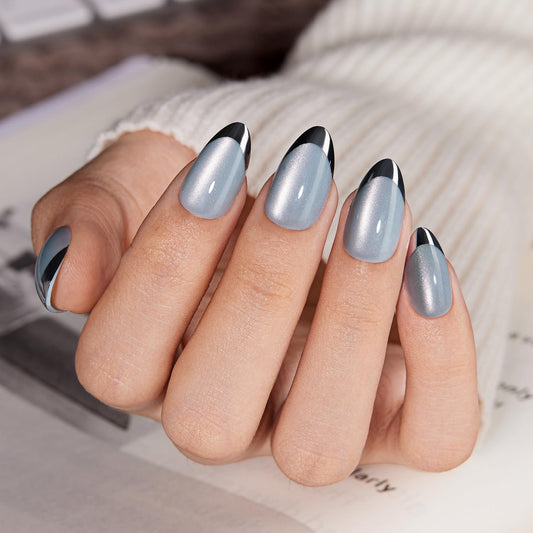 VSALON Almond Short Press on Nails, Silver Chrome Finish Sky Blue Glossy French Tip Reusable False Nails, 32 pcs Opaque Fake Nails Kit in 16 Sizes with Glue & Cuticle Oil