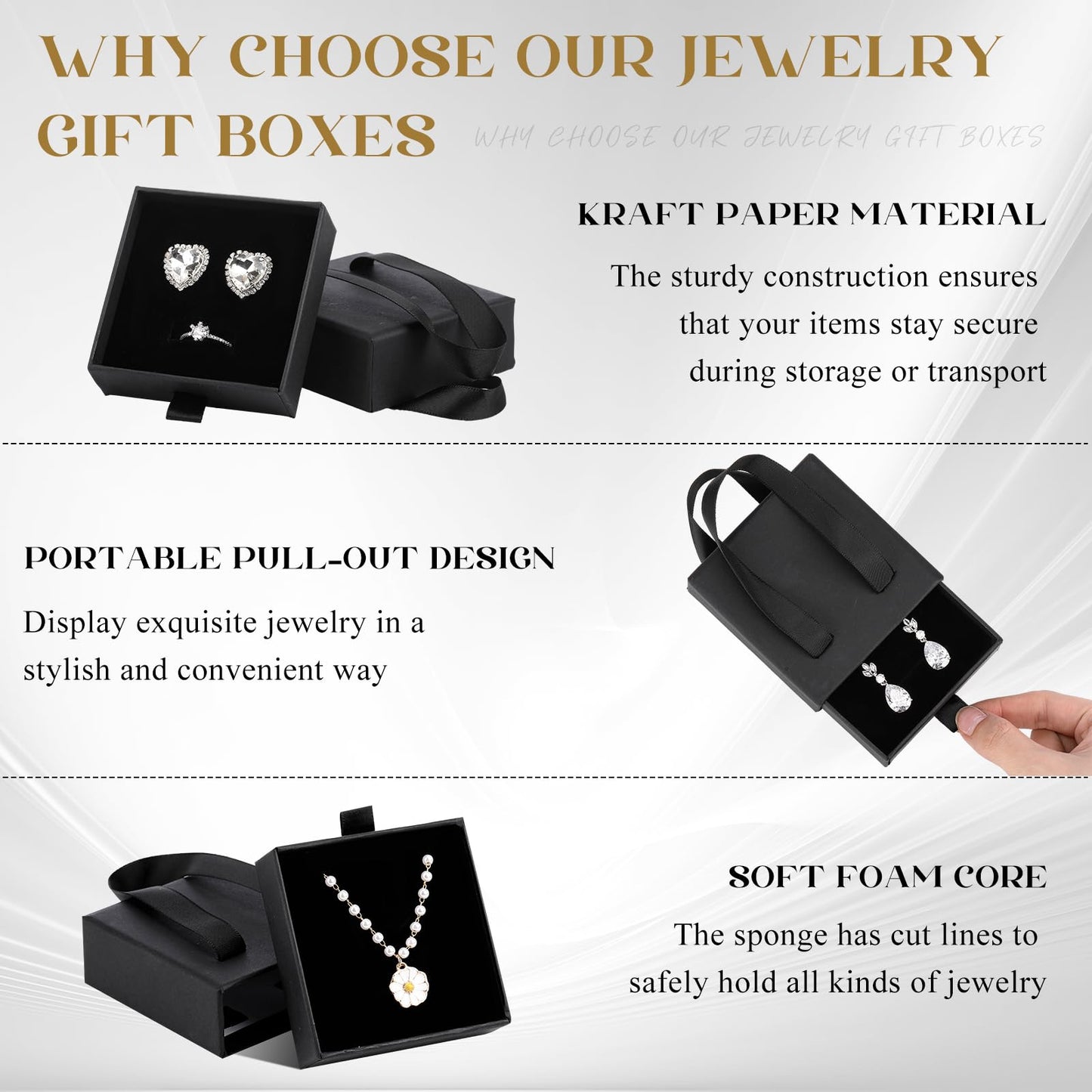 Kenning 50 Pack Jewelry Gift Boxes Bulk 3.1x3.1x1.2inch Cardboard Black Jewelry Boxes for Earrings Bracelets Necklace, Pull out Design, Small Ring Box for Selling Display