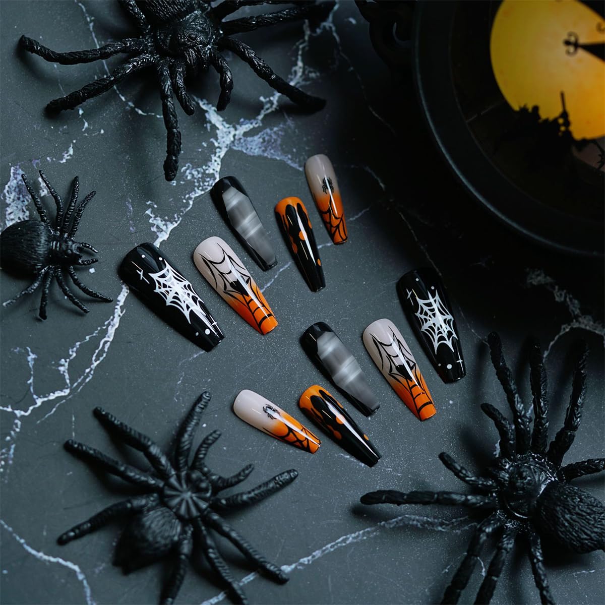 Halloween Press on Nails Long Square Fake Nails with Designs Spider Web Ghost Coffin False Nails Reusable Natural Artificial Stick on Nails for Women Manicure 24Pcs