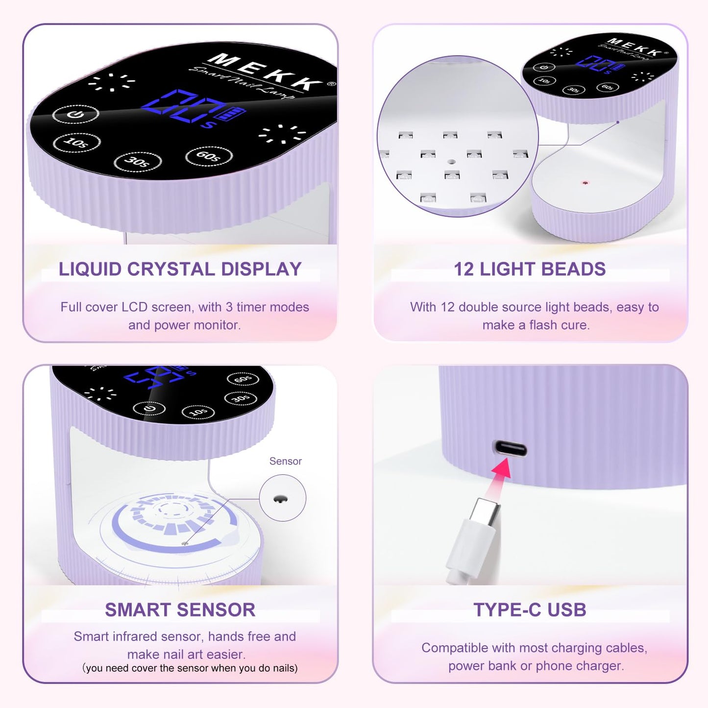 MEKK Cordless Mini UV Light for Gel Nails - 24W Rechargeable Mini UV LED Nail Lamp with Touch Control & Auto Sensor,Small Flash Cure Lamp,4 Timers,Portable Nail Light for Tavel & Home Use-Purple