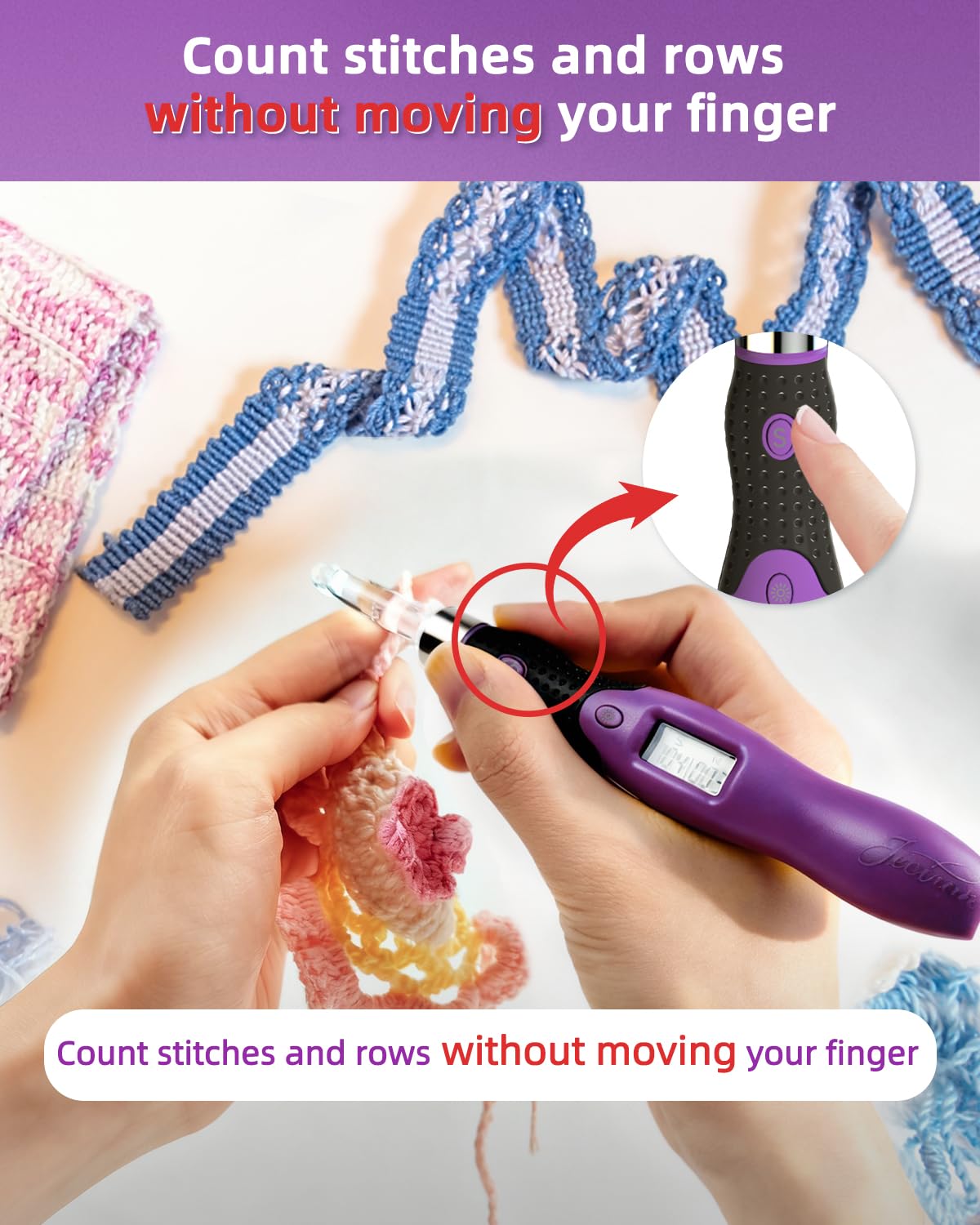 Upgraded Counting Crochet Hook Set - 24-in-1 Interchangeable Hooks Kit - Light Up, Digital Stitch & Row Counter- No Need to Move Fingers- Ergonomic for Arthritic Hands - Cool Gift