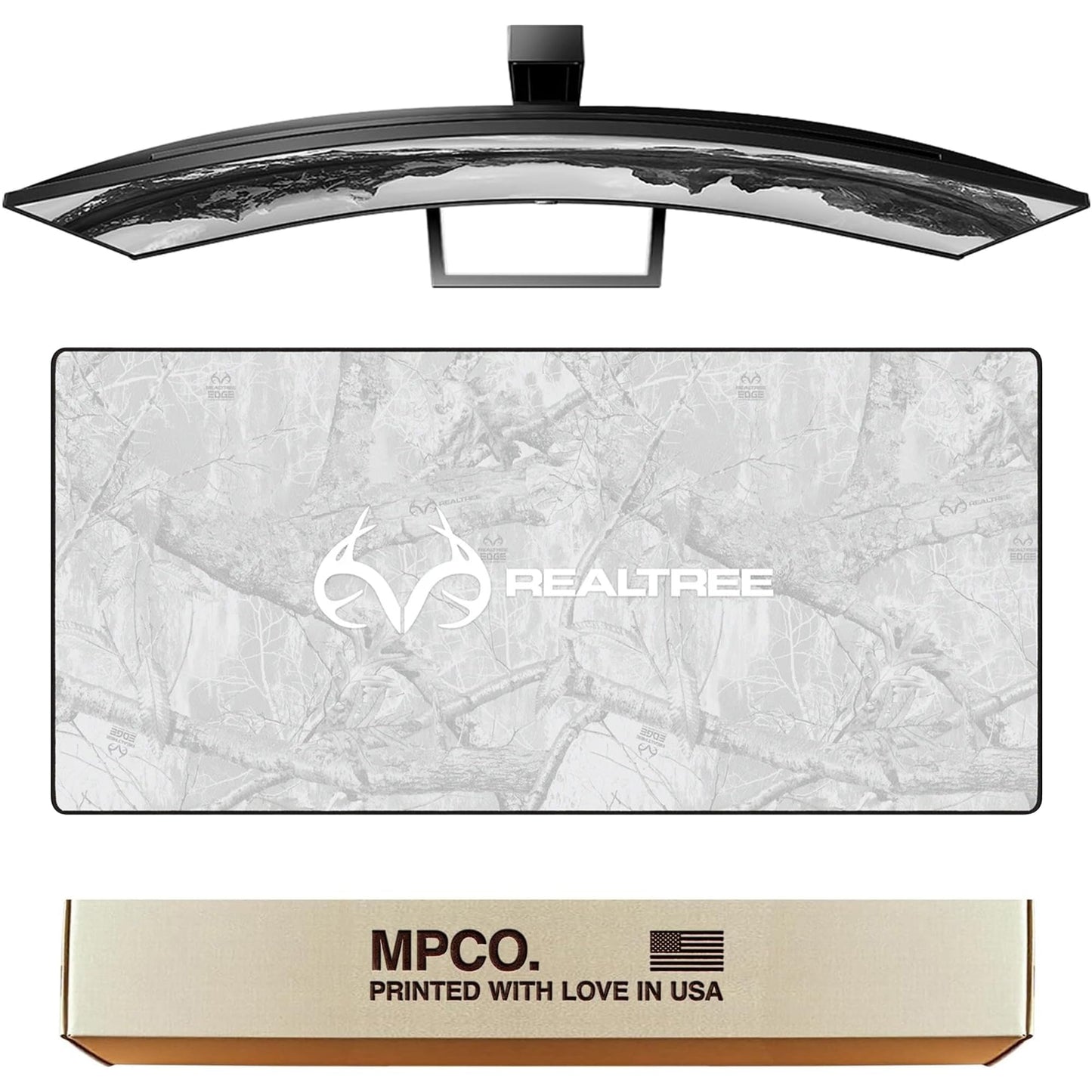 MPCO. Real Tree Large Gaming Desk Pad - 36" x 17" Duraglyde Fabric Edge Snow White – with Logo Desk Mats - Non-Slip, Washable, Smooth Glide for Precision Gaming & Work