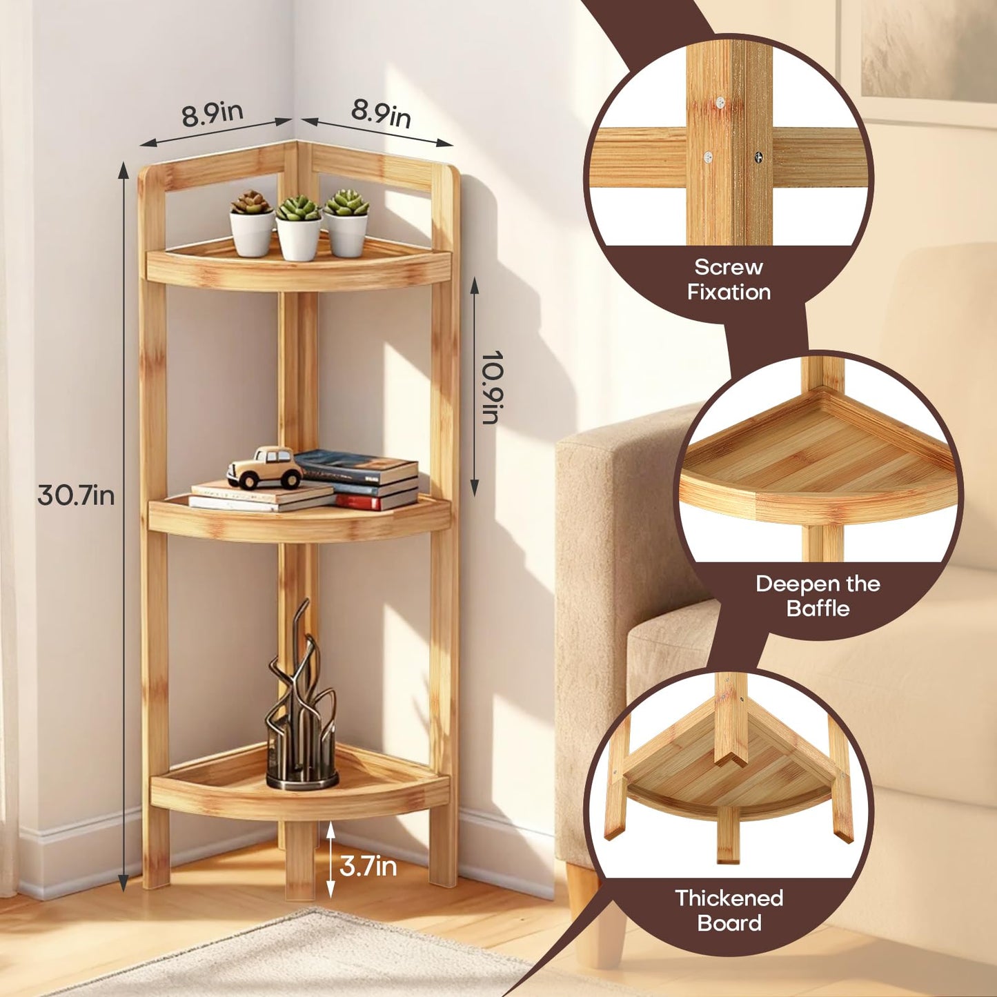 2026 New Bamboo Standing Shelf, 3 Tier Corner Shelf Stand, Free-Standing Shelf Units, Triangular Curved Corner Shelf Stand for Space-Saaving Display Ideal for Bathroom/Kitchen/Living Room Storage