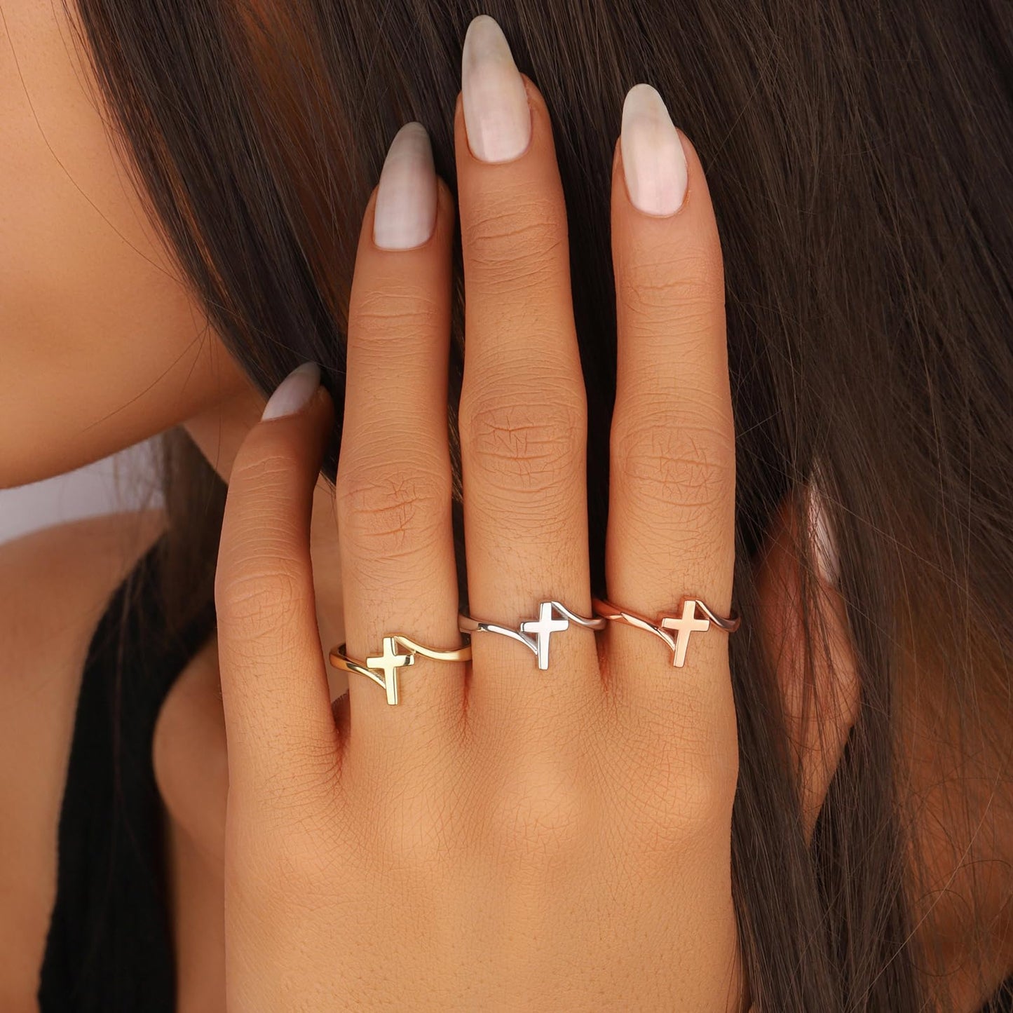 Punhem Gold Cross Statement Rings for Women 14K Gold Silver Tone Non Tarnish Cute Band High Polished Smooth Comfort Fit Size 5-10