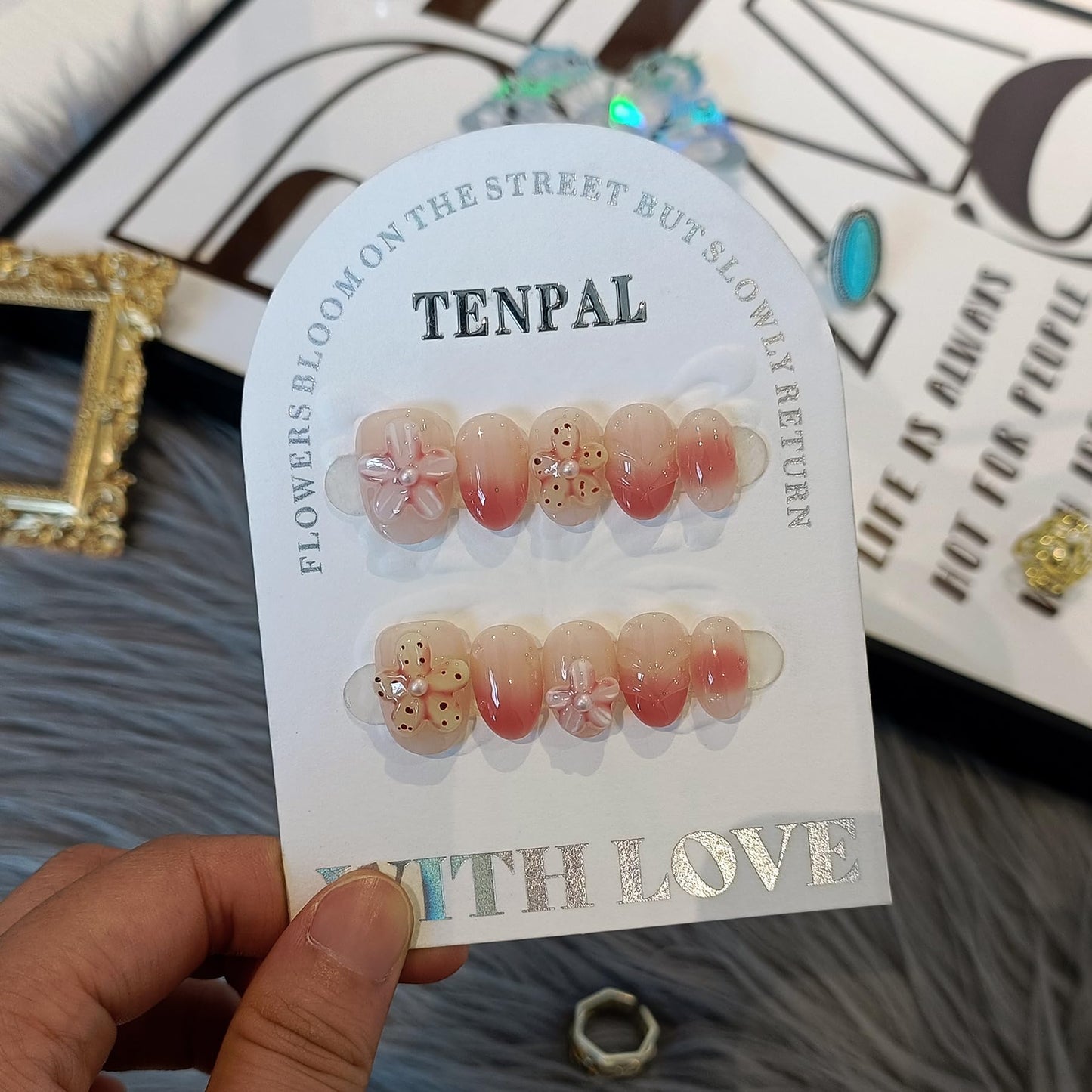 TENPAL Handmade Press On Nails Short Oval 10Pcs with Tools Kit, Coral Blush Gradient Pink Glue on Nails with Hand-Sculpted Flowers, Reusable Glossy Summer Beach Vacation Fake Nails for Teens Girls(L)