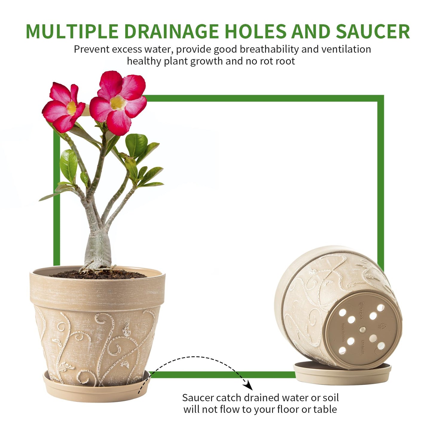 Melphoe Plant Pots Indoor with Drainage & Saucer, 2Pack 7 inch Flower Pots Outdoor Planters for Indoor Plants Garden Home Decor Cactus Succulent, Rigid Plastic (Imitation-Terracotta) Vine-Embossed
