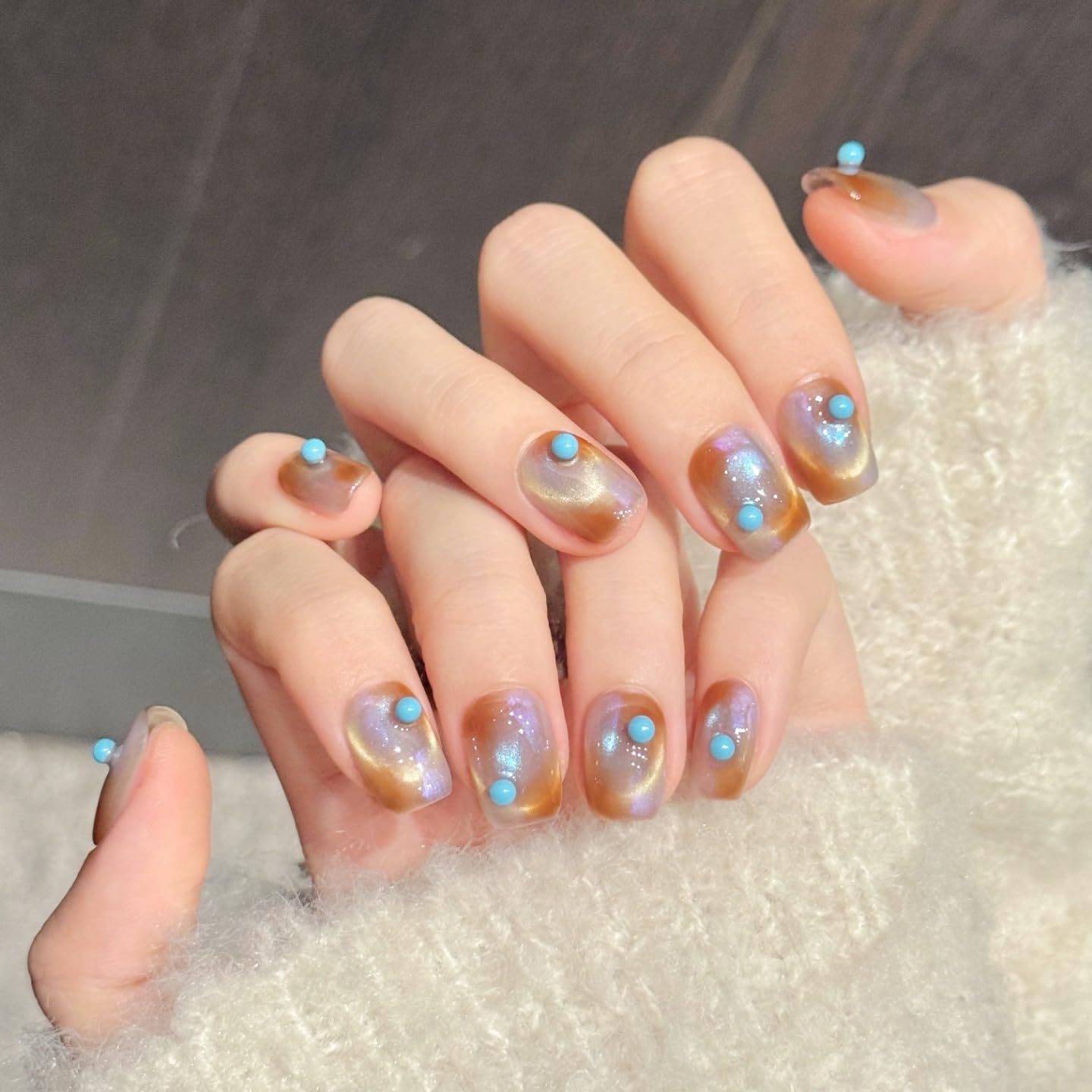 NLSJMP handmade press on Salon Quality nails Reusable short square little blue ball cat eye brown cute acrylic fake nails designed kit,10 pcs Size M #3354