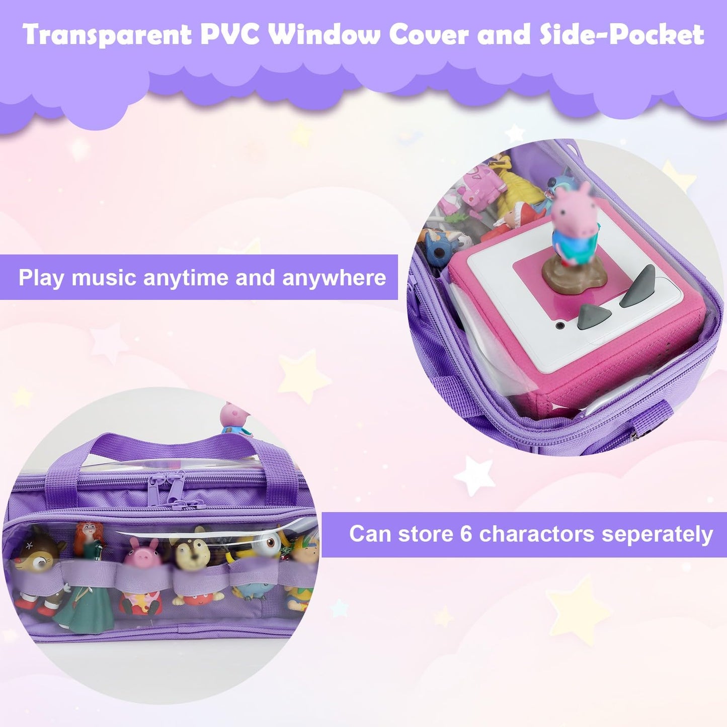 Demao Carrying Case for Tonie 2 &1 in Purple | All-in-One Portable Storage Box | Holds 20+ Figures for Tonies, Shockproof Travel Organizer | PVC Visual Cover-Plays Audio Figurines On-The-Go