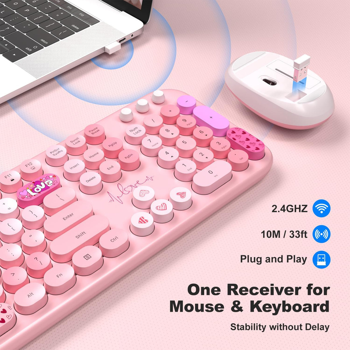 KNOWSQT Wireless Keyboard and Mouse Combo - Lovely Pink Rainbow Full-Sized Typewriter Colorful Keyboards, Round Keycap USB Plug Play Retro Cute Keyboards for Windows, Laptop, PC, Desktop, Computer