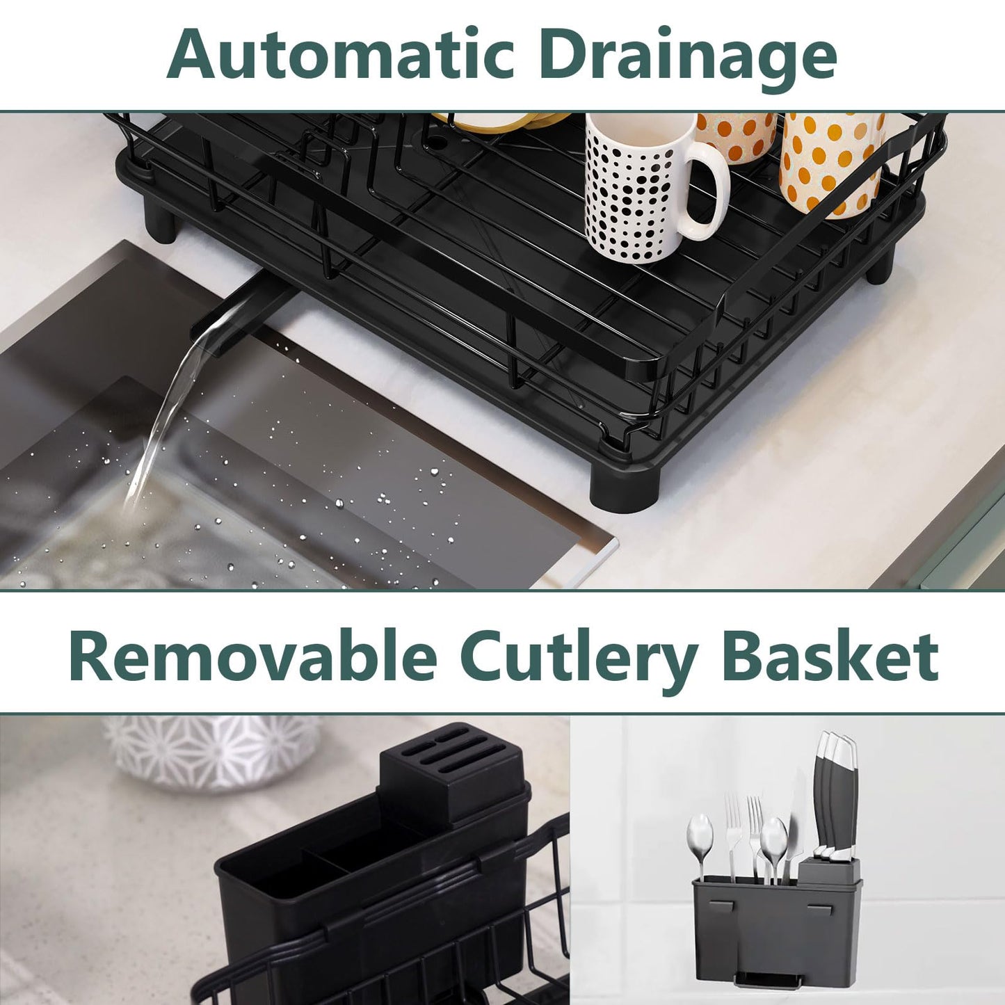 AIDERLY Iron Dish Drying Rack with Drainboard Dish Drainers for Kitchen Counter Extendable Spout Strainers with Utensil Holder and Knife Slots, Black