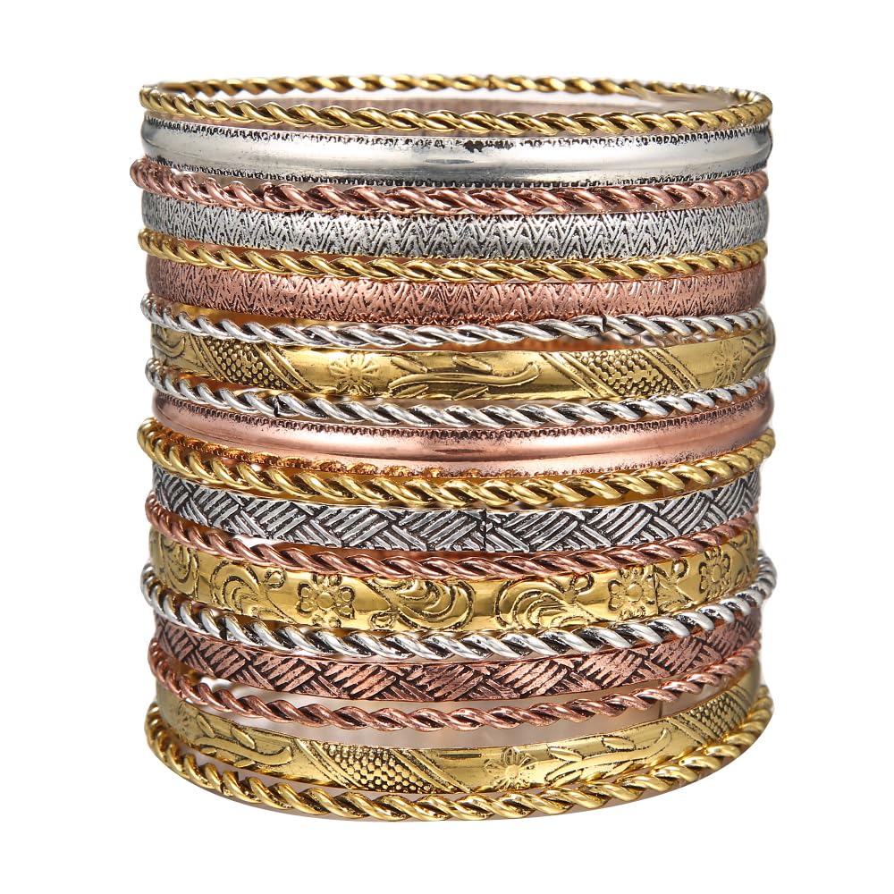 RINTOLER 19Pcs Vintage Engraved Pattern Gold Bangle Bracelets Set for Women - Multi Layer Stackable Textured Bracelets Boho Jewelrys for Women.