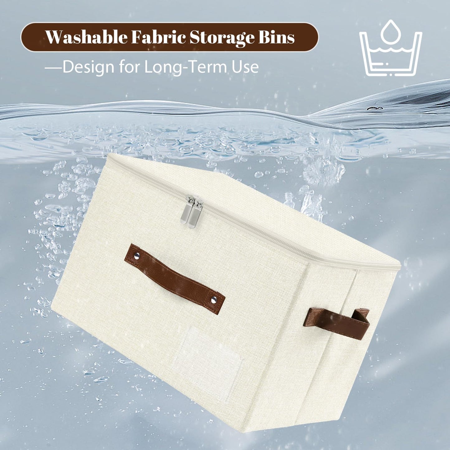 ANMINY Storage Bins with Zipper Lid Storage Boxes with Label Holder PU Leather Handles Washable Foldable Decorative Lidded Cotton Linen Fabric Cubes Baskets Closet Organizer - Beige, Large