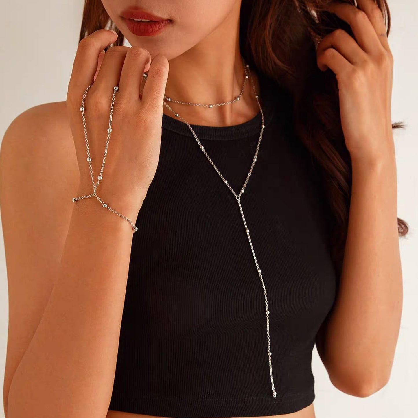 Zeffy Dainty Long Silver Necklaces for Women Trendy Lariat Y Necklace Layered Beaded Drop Necklaces Simple Y-Shaped Chain Jewelry Gift Wedding