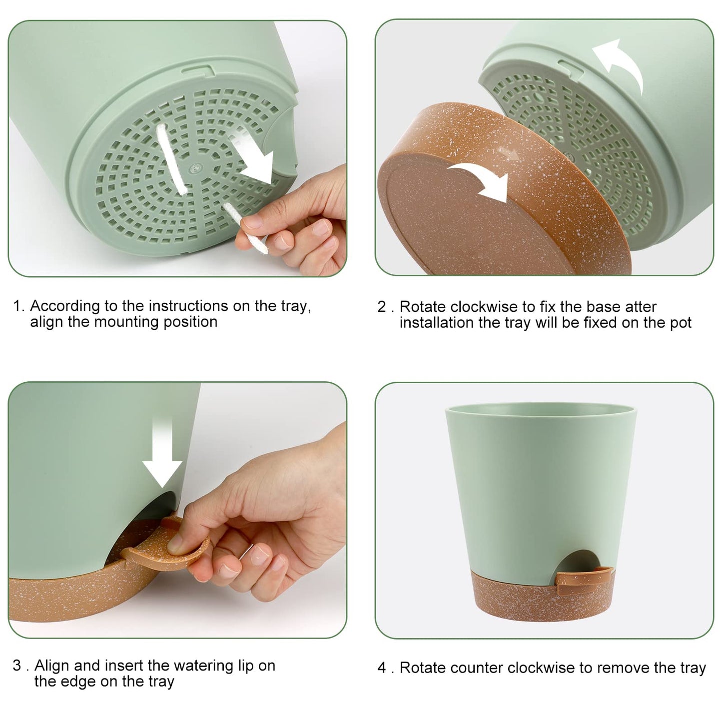 YNNICO Indoor Self Watering Planters with Drainage Holes and Saucers, 8, 7, 6.5, 6, 5.5, 5 Inches, Green, 6 Pots.
