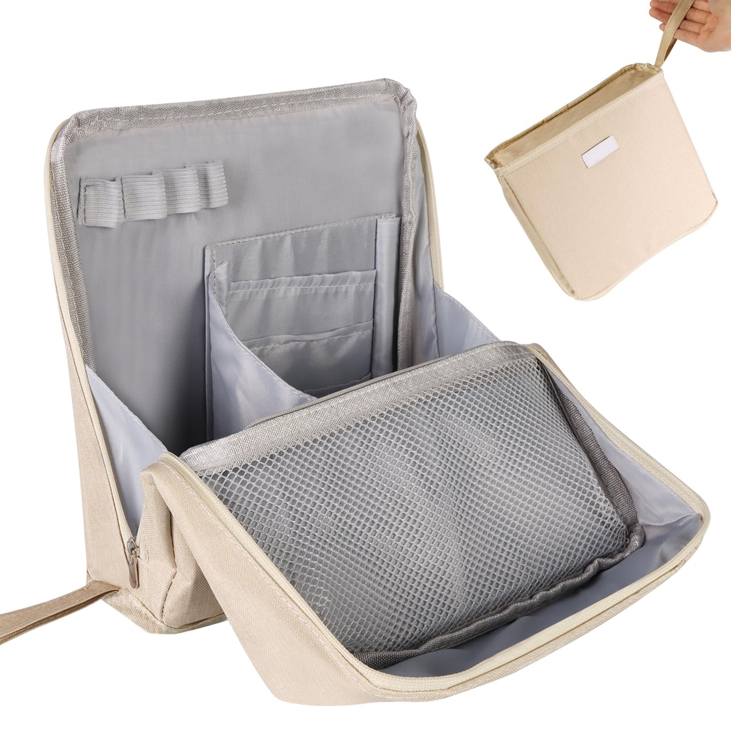 ONRSV Large Capacity Standing Makeup Bag for Travel, Foldable Hanging Toiletry Organizer with 3 Storage Layers & 8 Inner Pockets, Portable Cosmetic Case for Women (Beige)