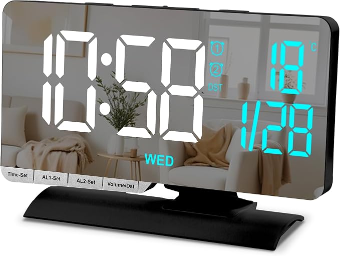 SZELAM Digital Clock,Alarm Clock Bedside,7.3'' Large LED Mirror with Date