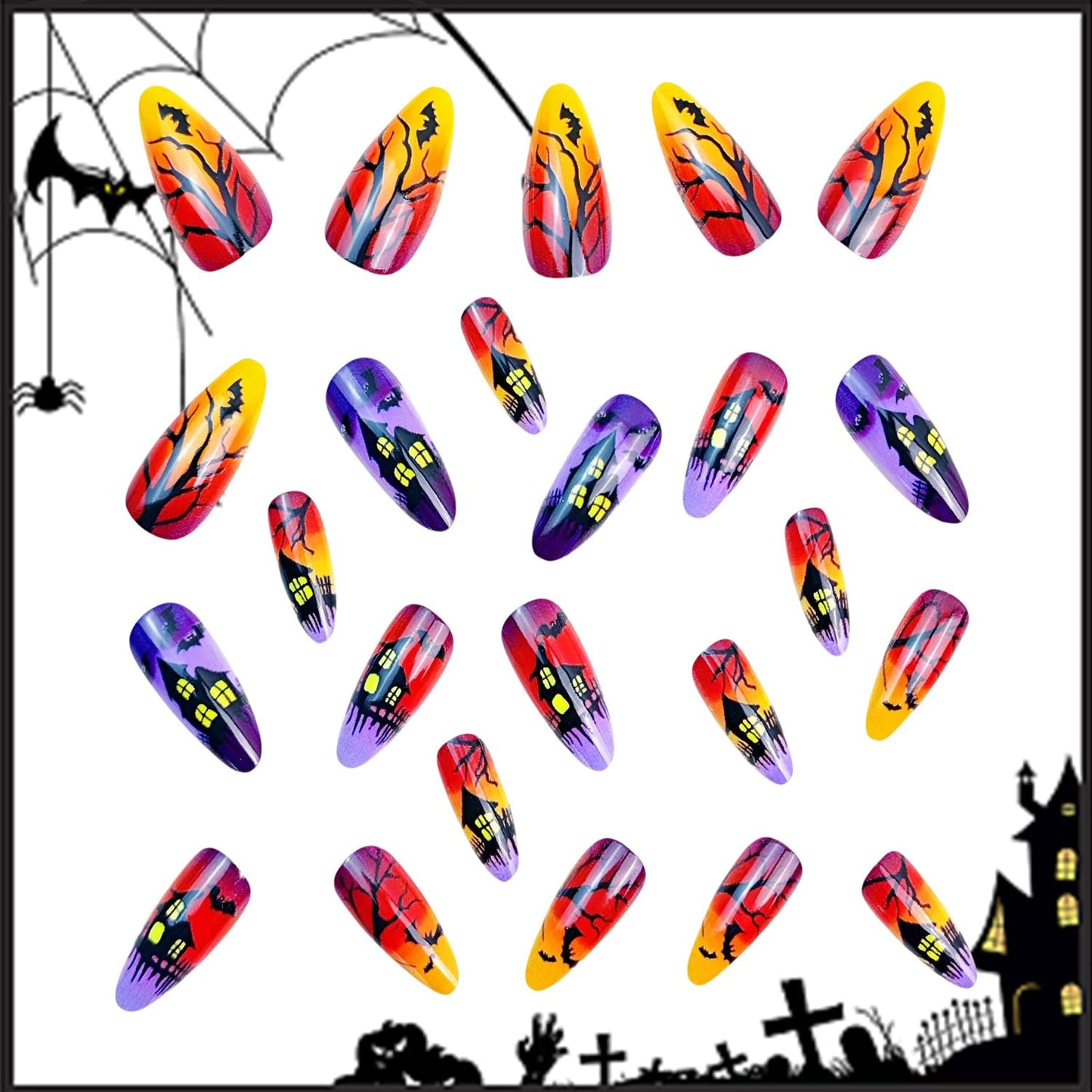 24Pcs Halloween Press on Nails Medium Bat Castle Pattern Design Halloween Nail Full Cover Glossy Artificial Acrylic False Nail French Almond Tip Medium Glue on Nails for Women Festival Decoration