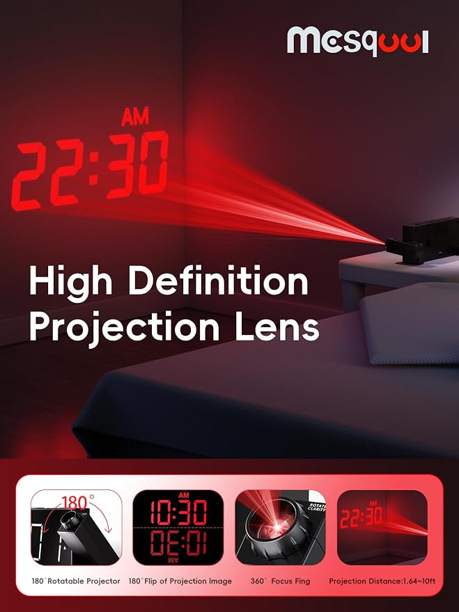Mesqool Projection Alarm Clock with Loud Bed Shaker, Dual Alarms | 5-level Dimmer, USB charger, Snooze & DST, Loud Vibrating Alarm with Battery Backup, Perfect for Heavy Sleepers