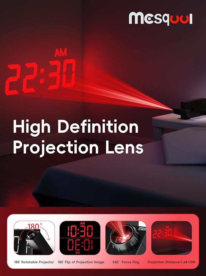 Mesqool Digital Projection Alarm Clock with Dual Alarms, 5 Levels Dimmer | Plug-in Clock with 180° Projection on Ceiling Wall,Battery Backup,12/24H & DST, USB Charging Port,Snooze for Heavy Sleepers