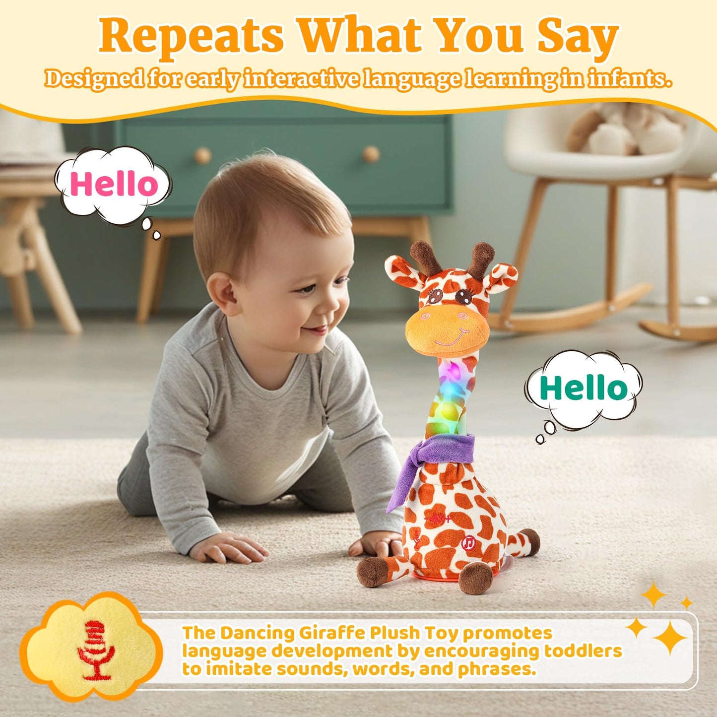 Dancing Talking Giraffe Baby Toy, Giraffe Stuffed Animal Interactive Toy, Repeating What You Say, Singing 10 Children's Song, Glow & Melody Giraffe Plush Toy for Toddlers 1-3 Years Old (Spotted deer)