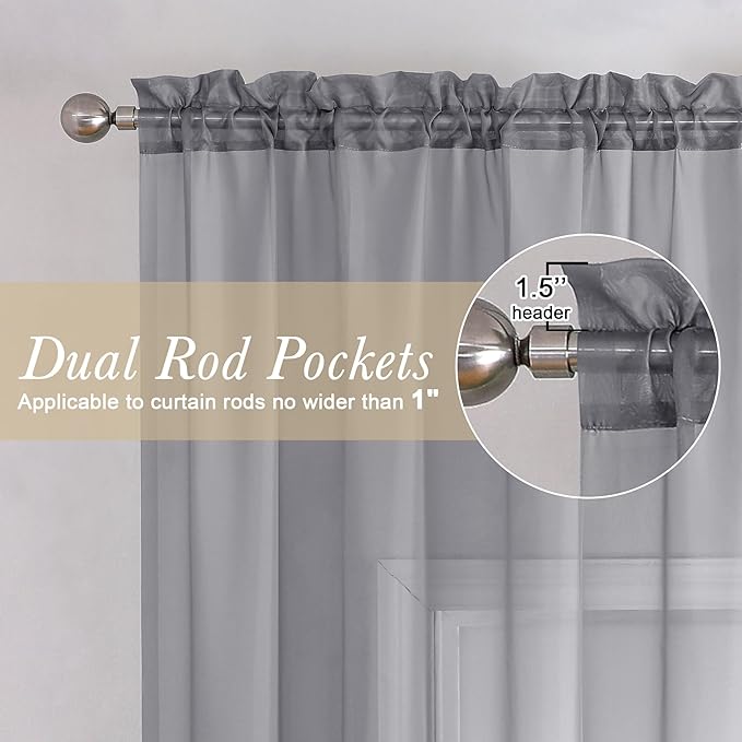 Lecloud Charcoal Grey Sheer Curtains 90 Inches Long 2 Panels, Light Filtering Voile Breathable Curtains, Privacy Solid Window Treatments with Rod Pocket for Bedroom Living Room, Each 42" W x 90" L