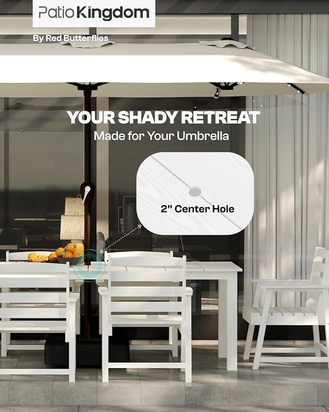 7-Piece White Outdoor Dining Set with Beige 11FT Large Patio Umbrella, 75.2'' HDPE Table & Chairs for 6, Weather-Resistant Furniture with Umbrella Hole for Patio, Lawn, Poolside