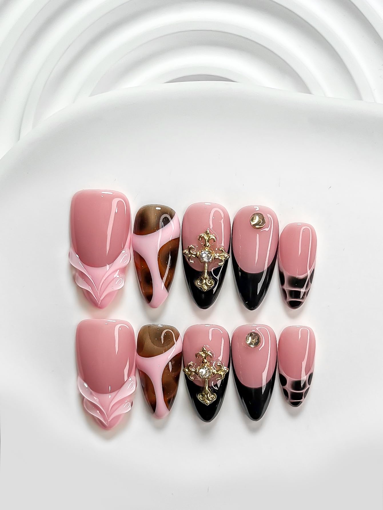 Curatique Handmade Press on Nails - Artificial Acrylic Nails Blue French Tips Stick on Nails 3D Pearl Fake Fingernail Summer False Nails for Women Manicure 10 Pcs (Pink Grunge, M, Almond)