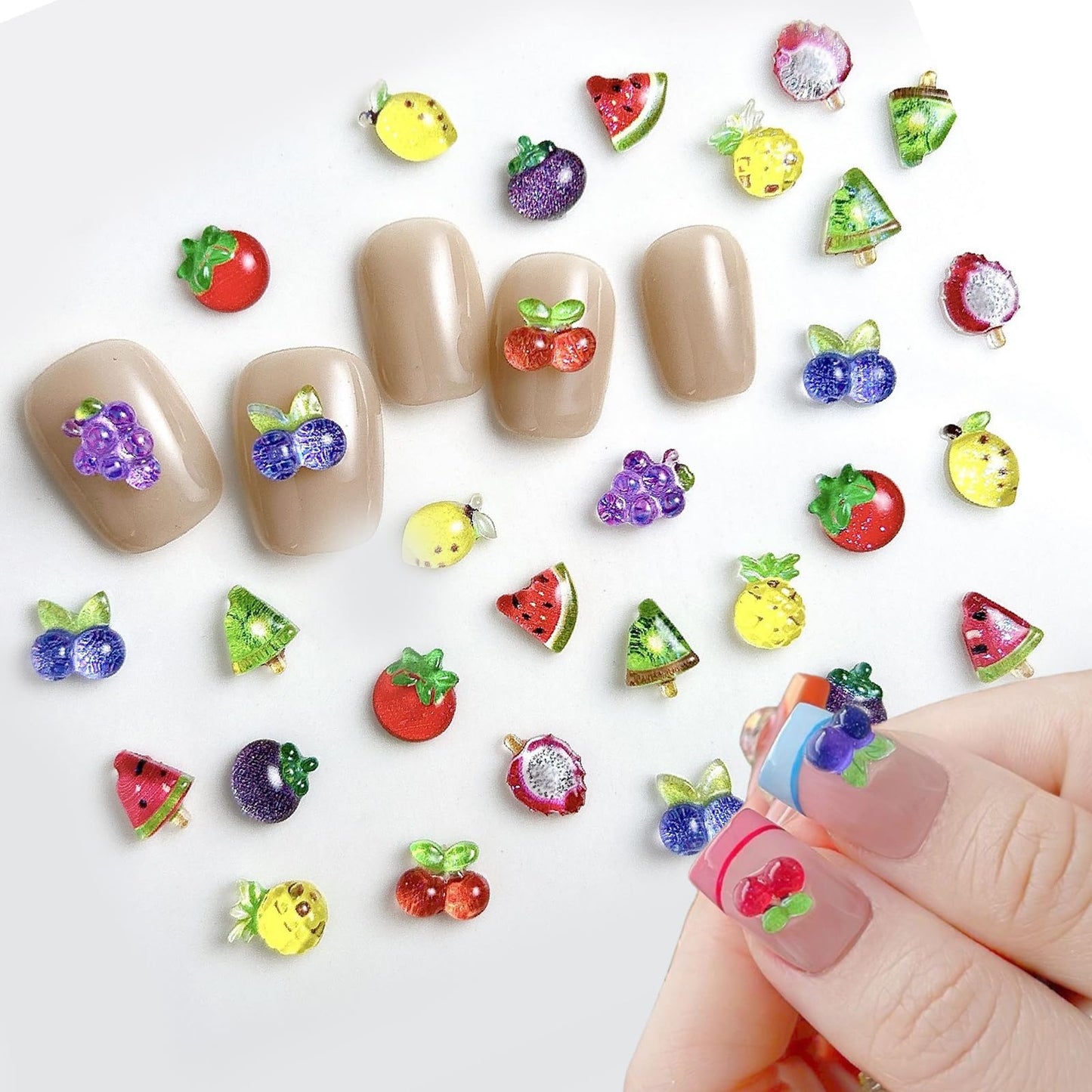 100PCS Resin Fruit Nail Art Charms 3D Kawaii Strawberry Nail Charms Assorted Cherry Lemon Grapes Peach Banana Watermelon Summer Flatback Nail Rhinestones for DIY Craft Nail Art Decoration
