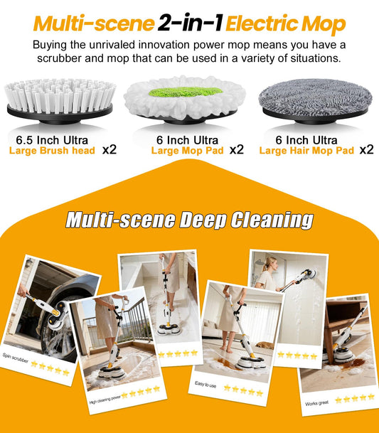 qimedo Battery Electric Mop M3, 800RPM Cordless Electric Power Scrubber & Mops for Floor Cleaning, Best Automatic Spin Mops with Smart Display,Rotating Mop with LED Light & Water Spray
