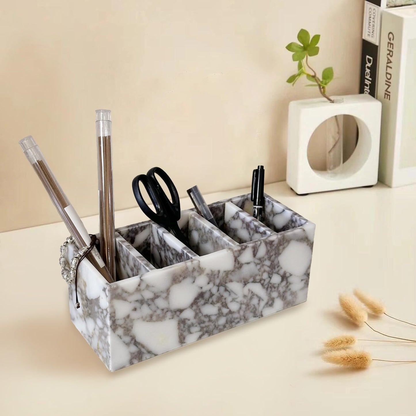 Artisanal Abode 5-Tier Marble Desktop Organizer for Office & Beauty Tools - Stackable Makeup Brush Storage, Coffee Accessories Holder with Natural Stone Pattern, Multi-Layer Countertop Tray