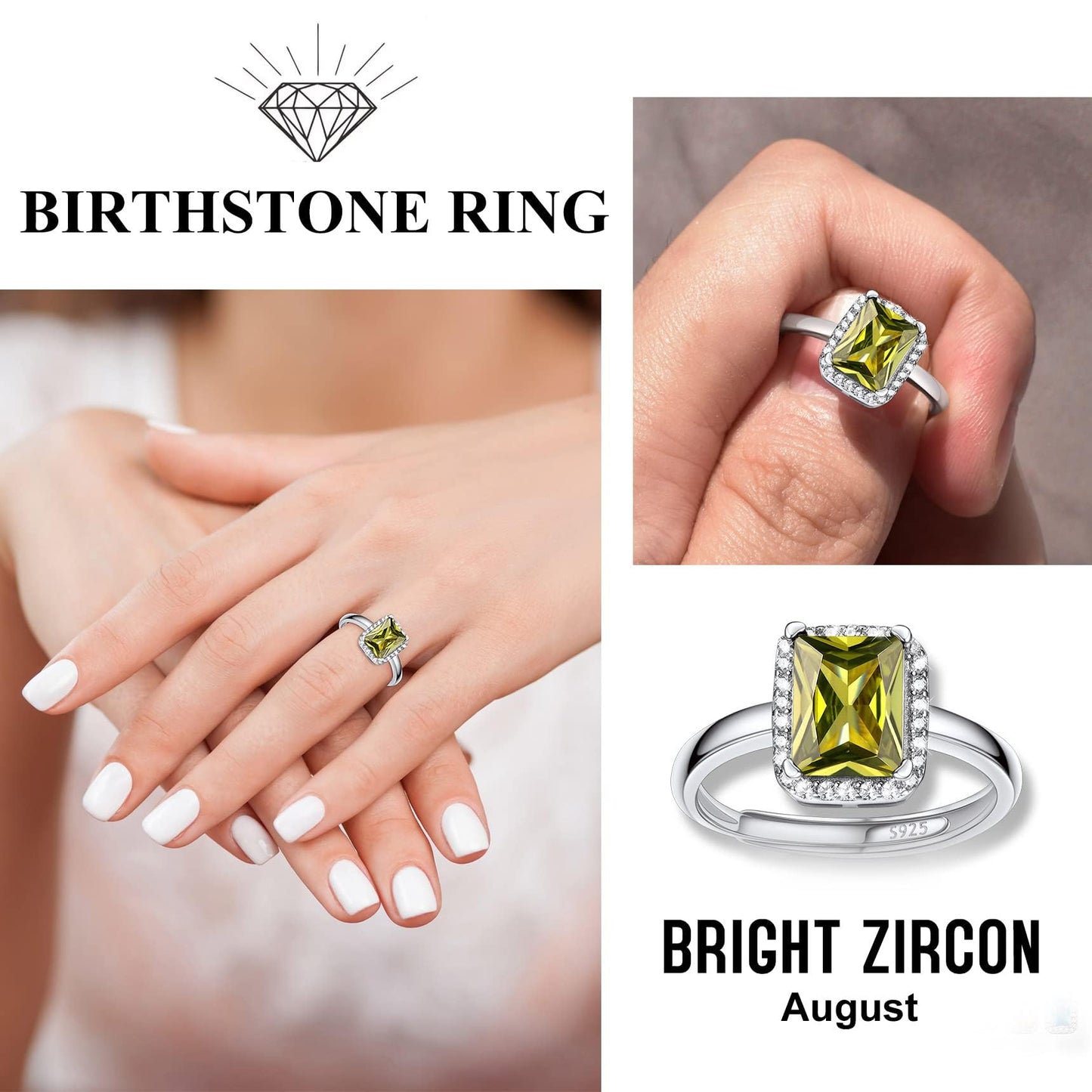 Bestyle 925 Sterling Silver Infinite Birthstone Rings August Square Peridot Crystal Rings, Dainty Love Statement Rings Adjustable, Minimalist Ring Gift on Birthday/Valentines/Thanksgiving/Christmas