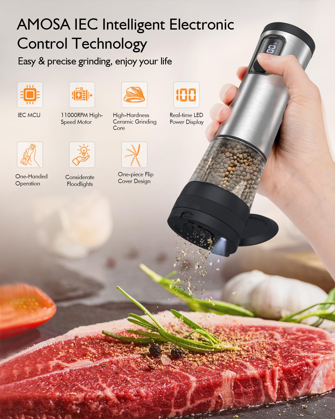 Electric Salt and Pepper Grinder Set, Upgraded 2-Speed Setting, External 5 Adjustable Coarseness, Battery Display Rechargeable Base, Stainless Steel Automatic Salt & Pepper Shakers Mill with LED Light