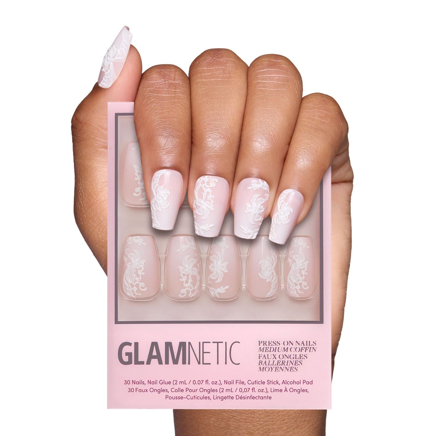 Glamnetic Press On Nails - Lace Blush | Spring Nails, Glossy, Matte, Opaque, Medium Coffin Fake Nails, with Lace Detailing, Salon Quality | 15 Sizes - 30 Nail Kit with Glue