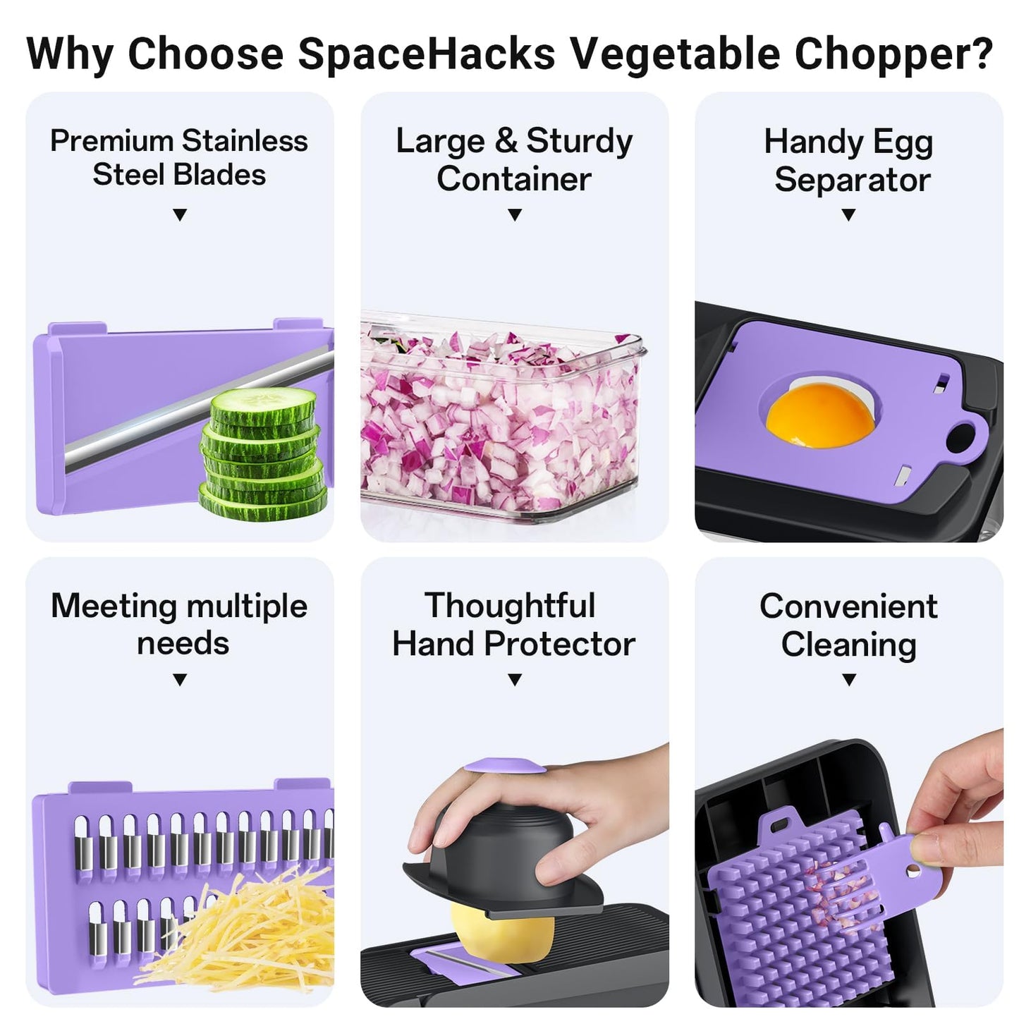 SpaceHacks 12-in-1 Vegetable Chopper, Kitchen Gadgets with 7 Blades, Veggie, Food, Onion Chopper, Cucumber Slicer, Versatile Mandoline, Includes Egg Separator & Finger Guard, Purple