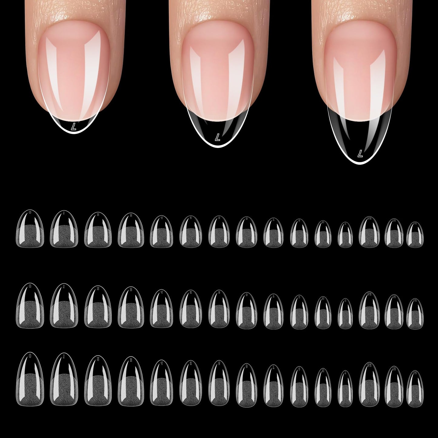 QIEK 450PCS Extra Short & Short & Medium Almond - 3 Styles Nail Tips, 70-Grit Pre-Etched Press On Nail in 15 Sizes, Fake Nail Extension Kit for Acrylic Gel Nail Art DIY Salon