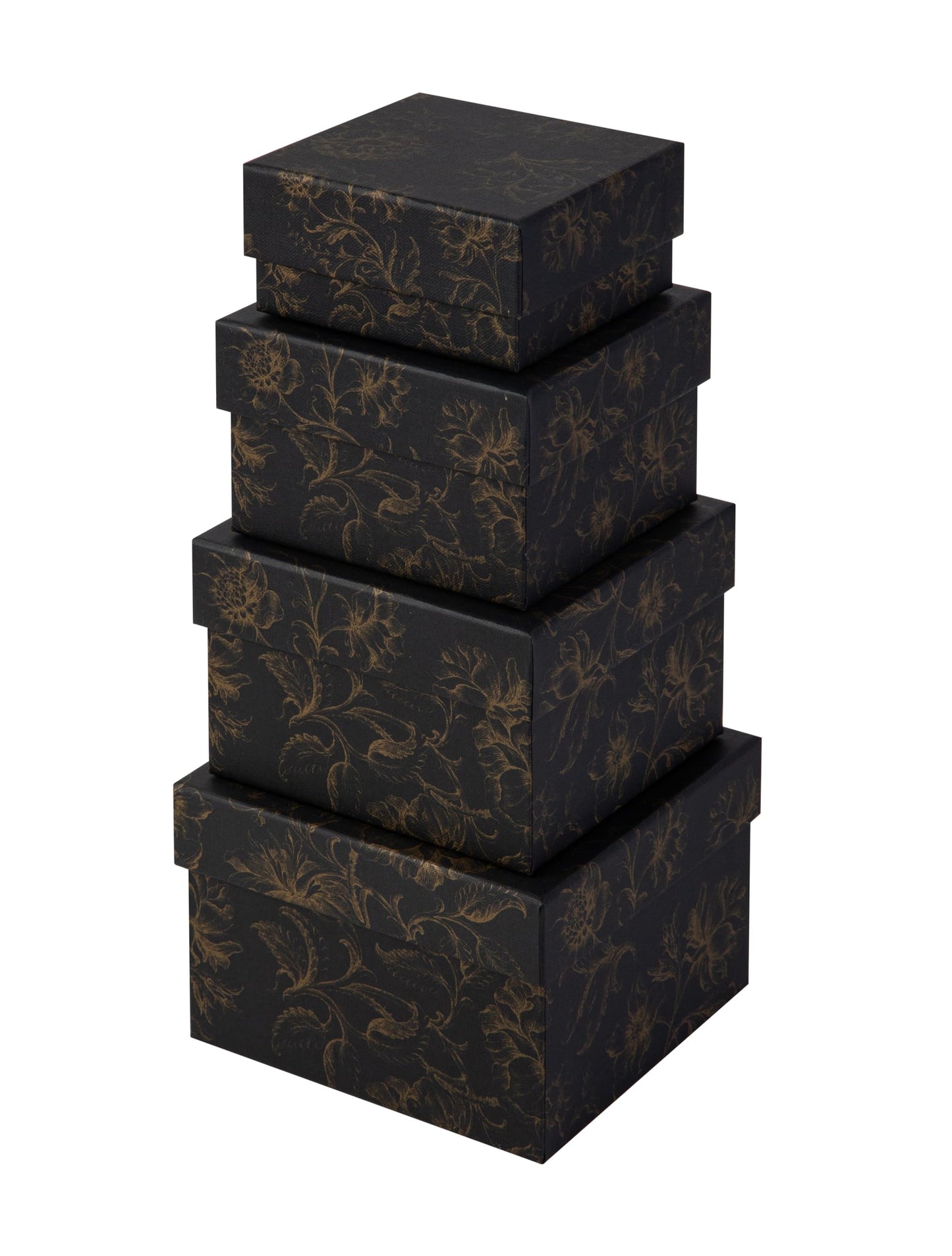 Sorarto Square Gift Boxes with Lids 4pc Set | Black Gold Floral Nesting Gift Boxes for Presents Birthday Wedding Bridesmaid Christmas