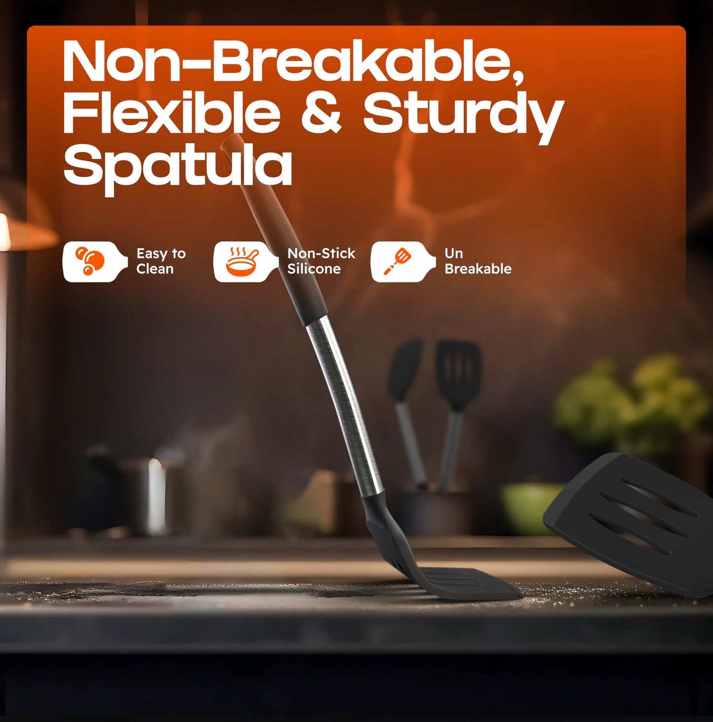 BakeRoyal Silicone Spatula Set - Turner Spatulas Silicone Heat Resistant 600°F - Slotted & Solid Spatula for Cooking Fish, Eggs, Pancakes Flipper – Spatulas for kitchen use – Black