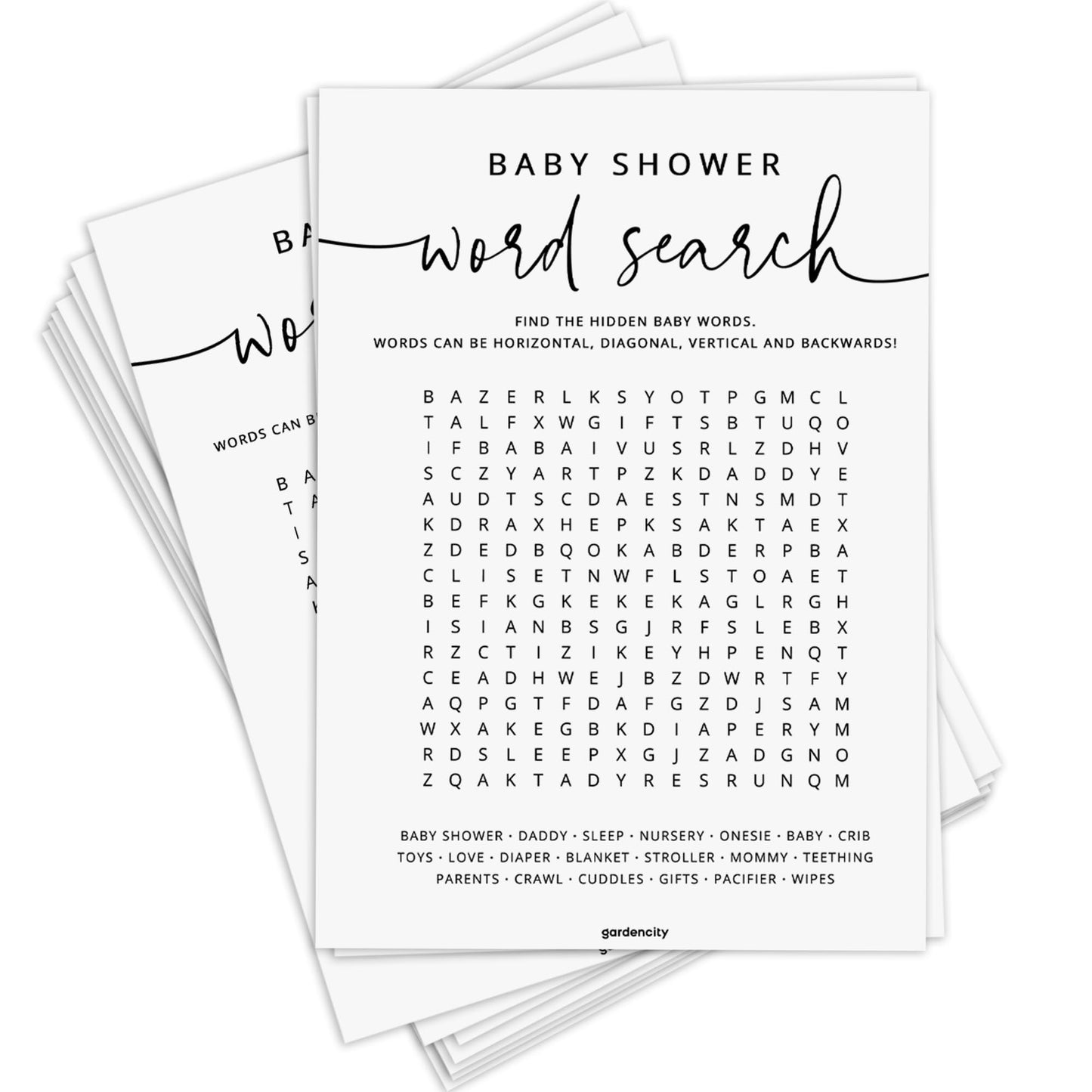 GardenCity 50 Baby Shower Word Search Game Cards, Fun Baby Shower Games for Boy or Girl, Gender Neutral - Minimalist