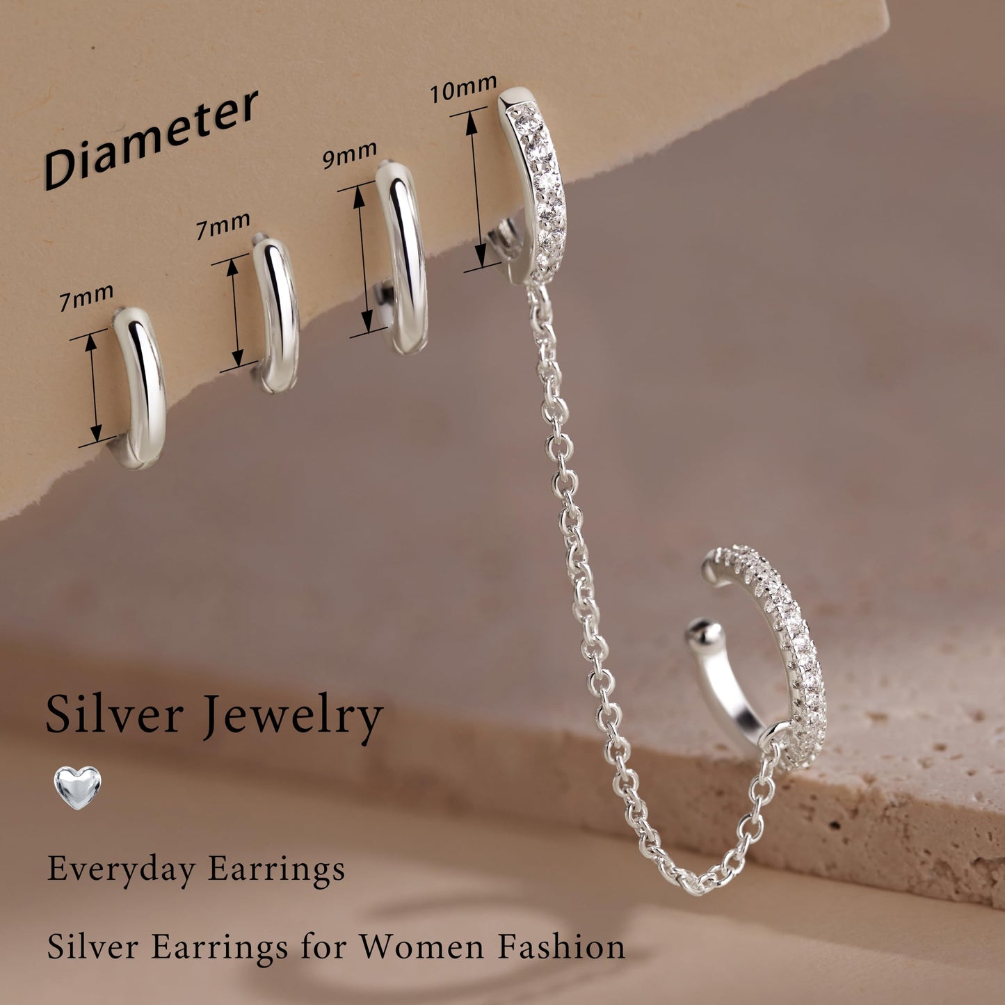 Silver Chain Hoop Cuff Earrings for Women, Double Piercing Chain Huggie Small Stack Cartilage Hoop Earring Sets for Multiple Piercing, Conch Helix Rook Tragus Daith Clip On Jewelry Set Gifts