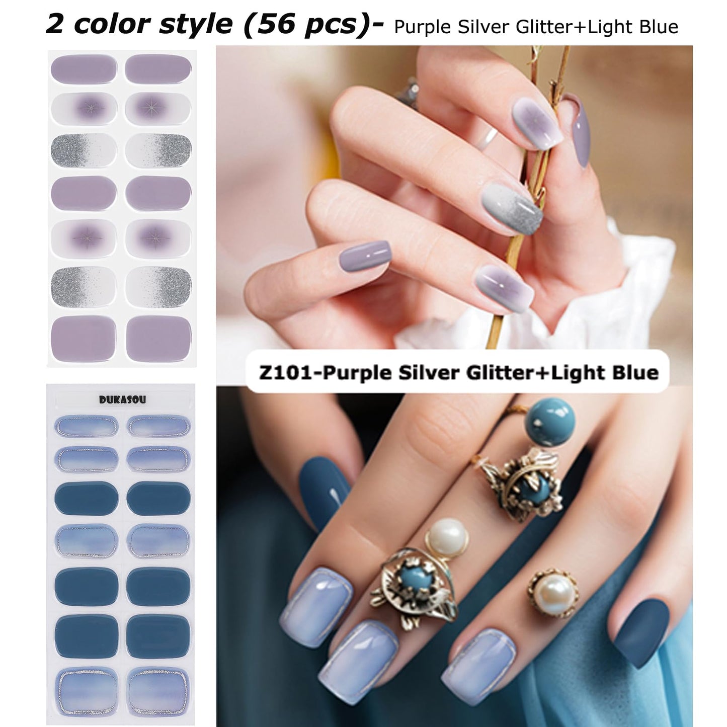 DUKASOU Semi Cured Gel Nail Strips, 56Pcs Nail Art Stickers/Wraps, Long Lasting UV Nail Polish Strips for Adults(Purple Silver Glitter+Light Blue)
