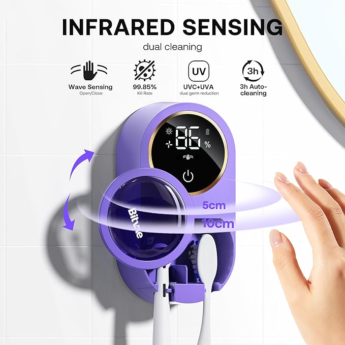 Bitvae Upgraded Tooth Brush Holder for Bathroom 2.0, Infrared Sensing Toothbrush Cleaner, Wall-Mounted for Any Size Toothbrushes, Air Drying, LED Smart Screen, Purple