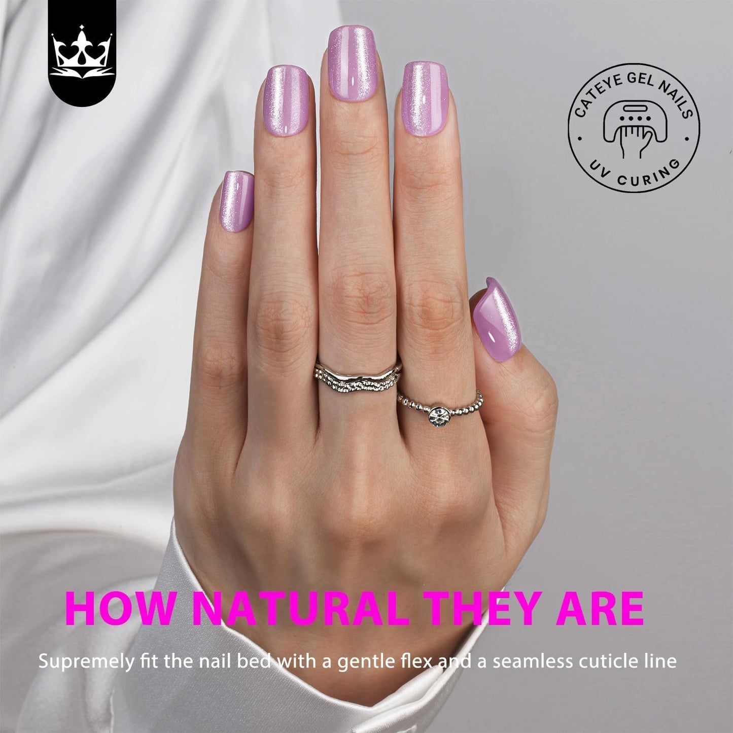 KQueenest Thick Cat Eye Gel Nails Press ons, Glitter Press on Nails Short Square, Sparkle Bling Fake Acrylic Nails Glue on Short, Shiny and Cute Small False Nails with Design Manicure 30 Pcs, Lilac
